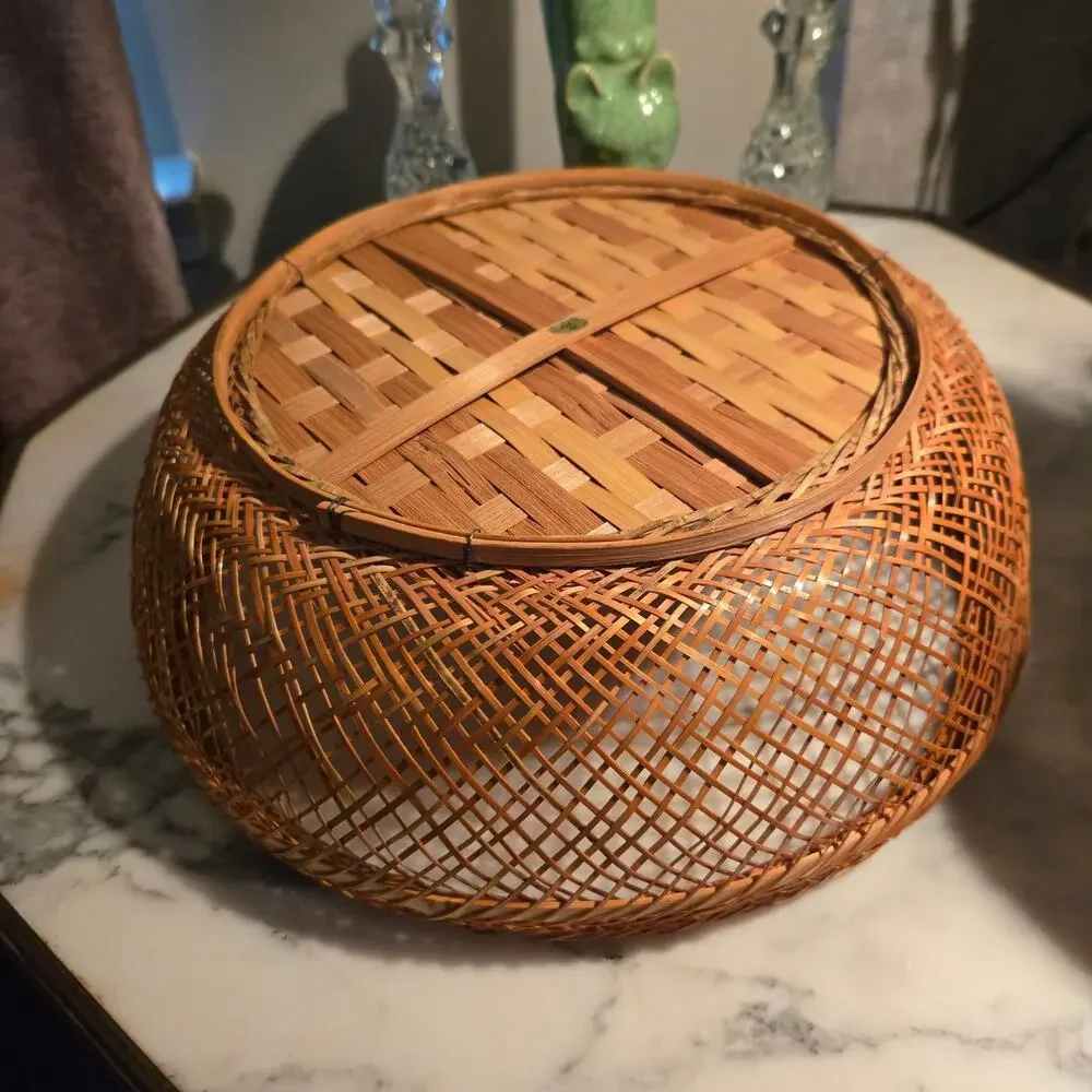 Vintage Asian Bamboo Morikago Basket Boho Organic Modern Catchall Wall Decor
